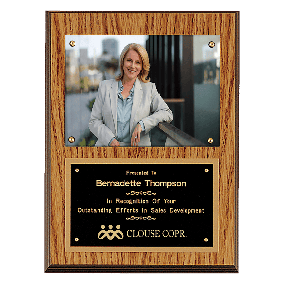 9" x 12" American Oak Finish Photo Plaque with Black Brass Plates-Photo Size 5" x 7"