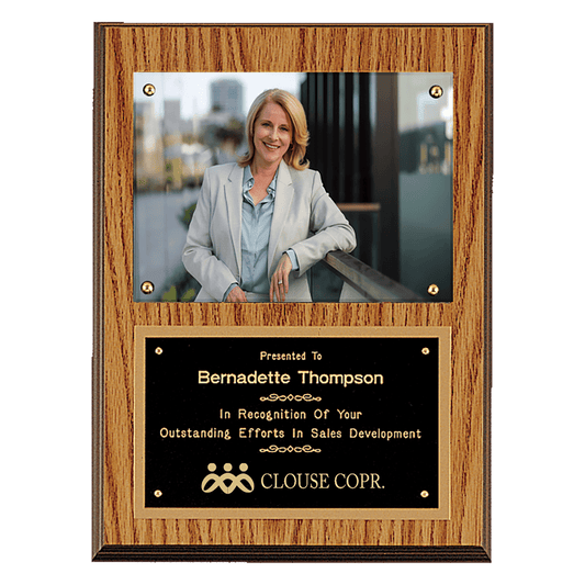 9" x 12" American Oak Finish Photo Plaque with Black Brass Plates-Photo Size 5" x 7"