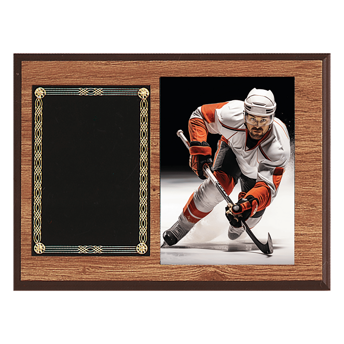 9" x 12" American Oak Finish Photo Plaque with Black Brass Plates-Photo Size 5" x 7"