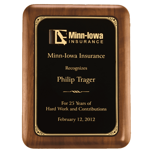 10 1/2" x 13" American Walnut Plaque with Gold Border Laserable Black Brass Plate