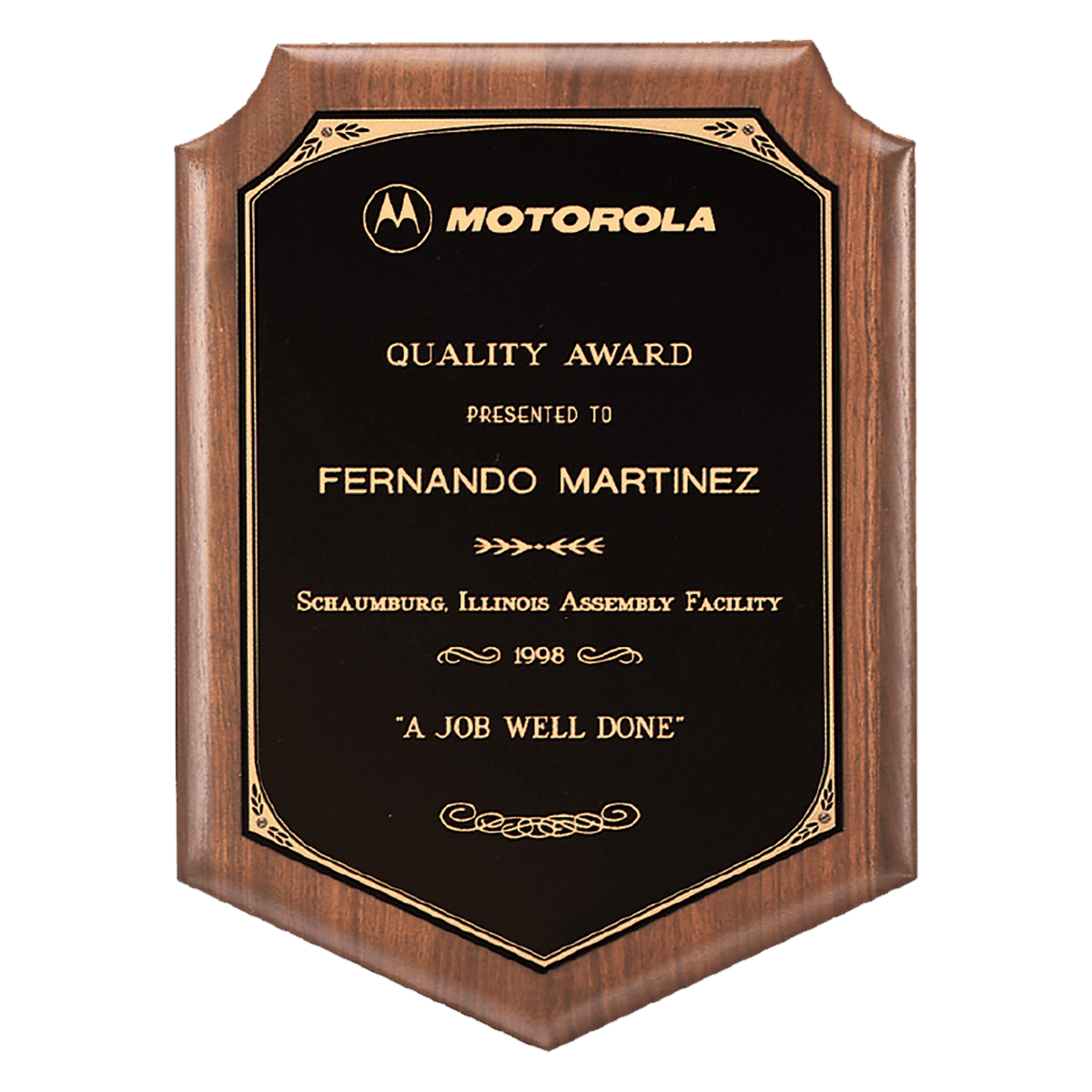 9" x 12" American Walnut Plaque with Gold Border Laserable Black Brass Plate