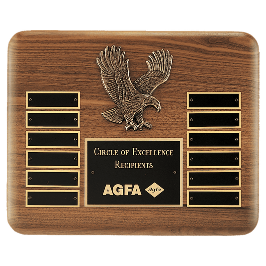 13" X 10 1/2" Solid American Walnut Plaque with Finely Detailed Antique Bronze Eagle Casting and Black LaserFX Header and...