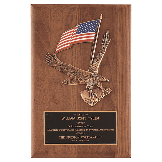 8" x 10 1/2" Solid American Walnut Plaque with Finely Detailed Eagle with American Flag Relief and Black Laserable Brass P...