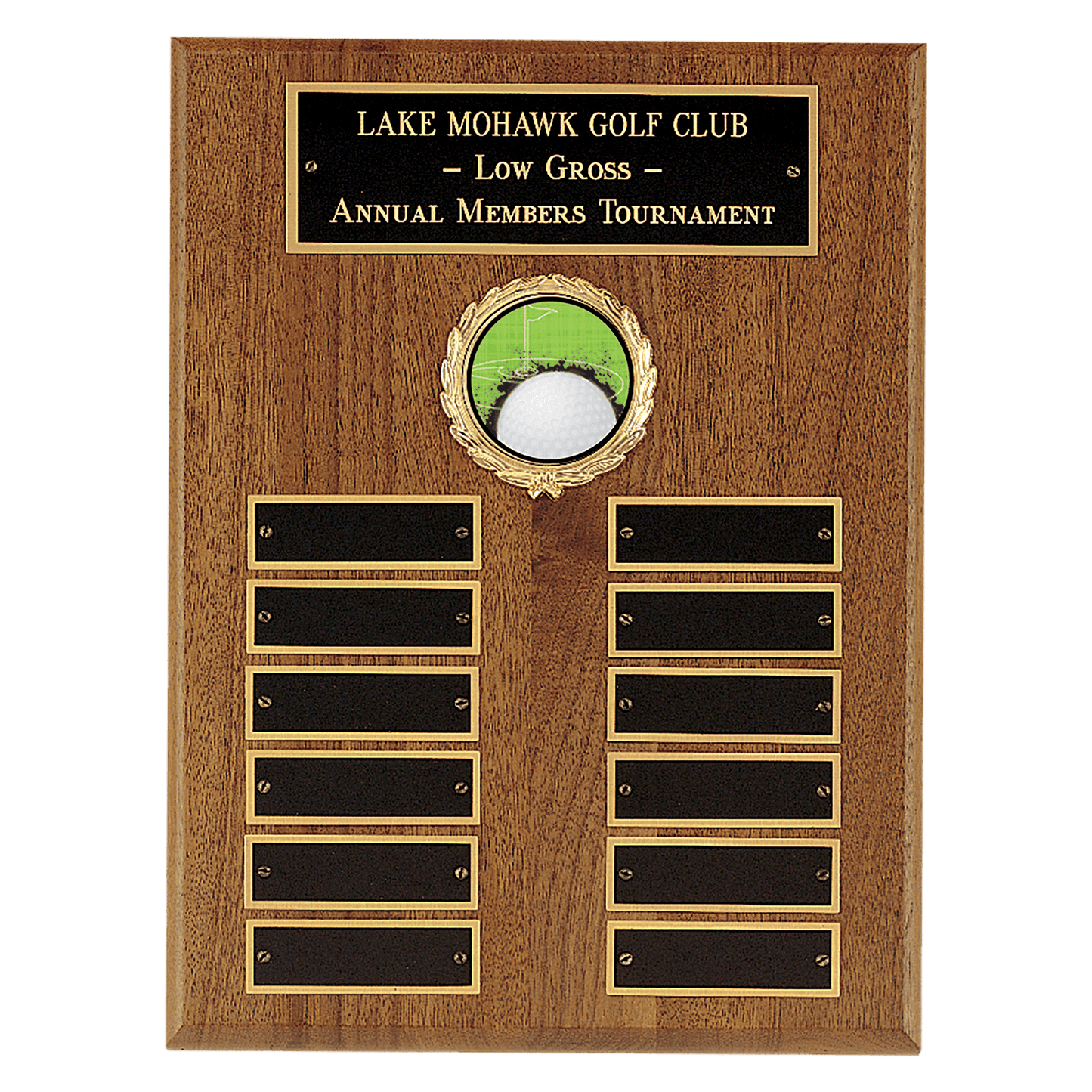 9" x 12" American Walnut Perpetual Plaque with 12 Gold Border Black Laserable Brass Plates and 2" Insert Holder- Witney Se...