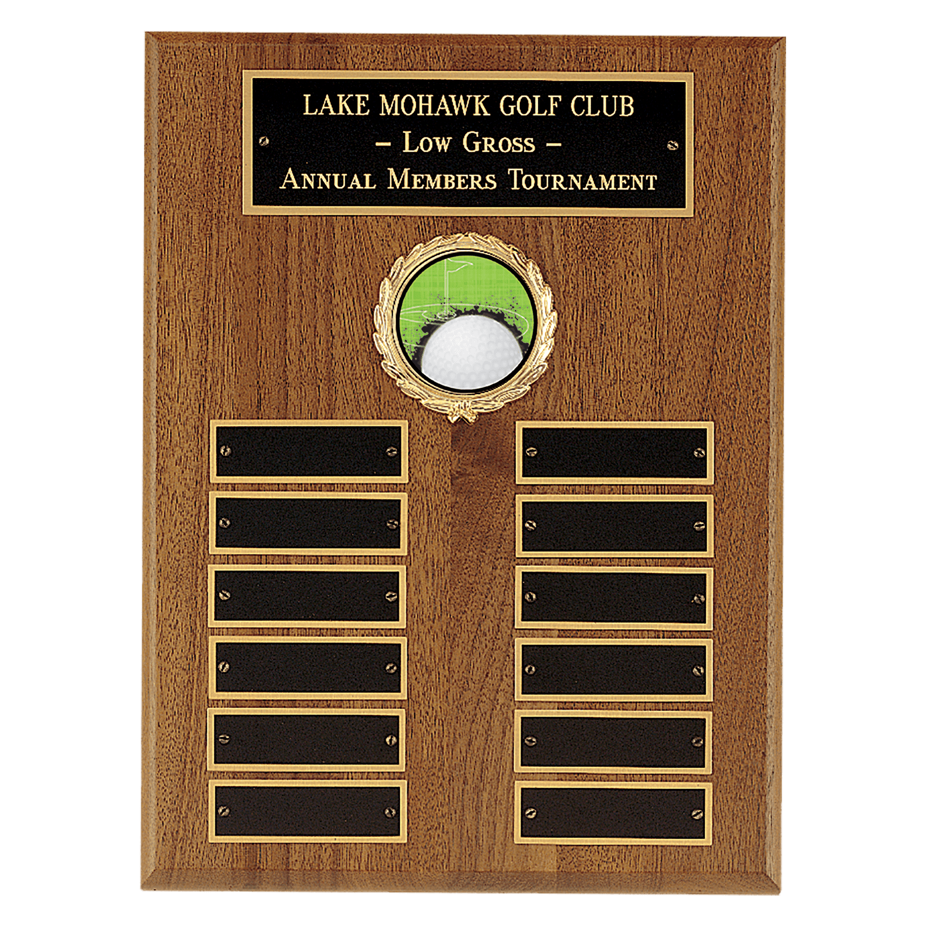 9" x 12" American Walnut Perpetual Plaque with 12 Gold Border Black Laserable Brass Plates and 2" Insert Holder- Witney Se...