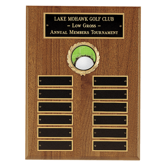 9" x 12" American Walnut Perpetual Plaque with 12 Gold Border Black Laserable Brass Plates and 2" Insert Holder- Witney Se...