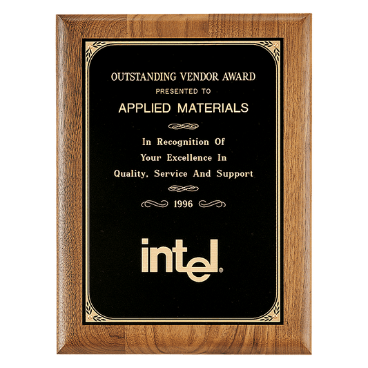 9" x 12" Coventry Series American Walnut Plaque with Gold Border Laserable Black Brass Plate