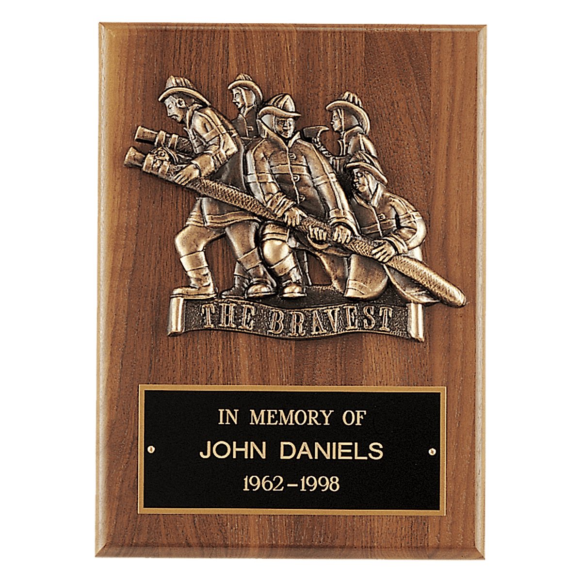 9" x 12" American Walnut Plaque, Bronze Cast Fire Department "Bravest" with Black Brass Plate