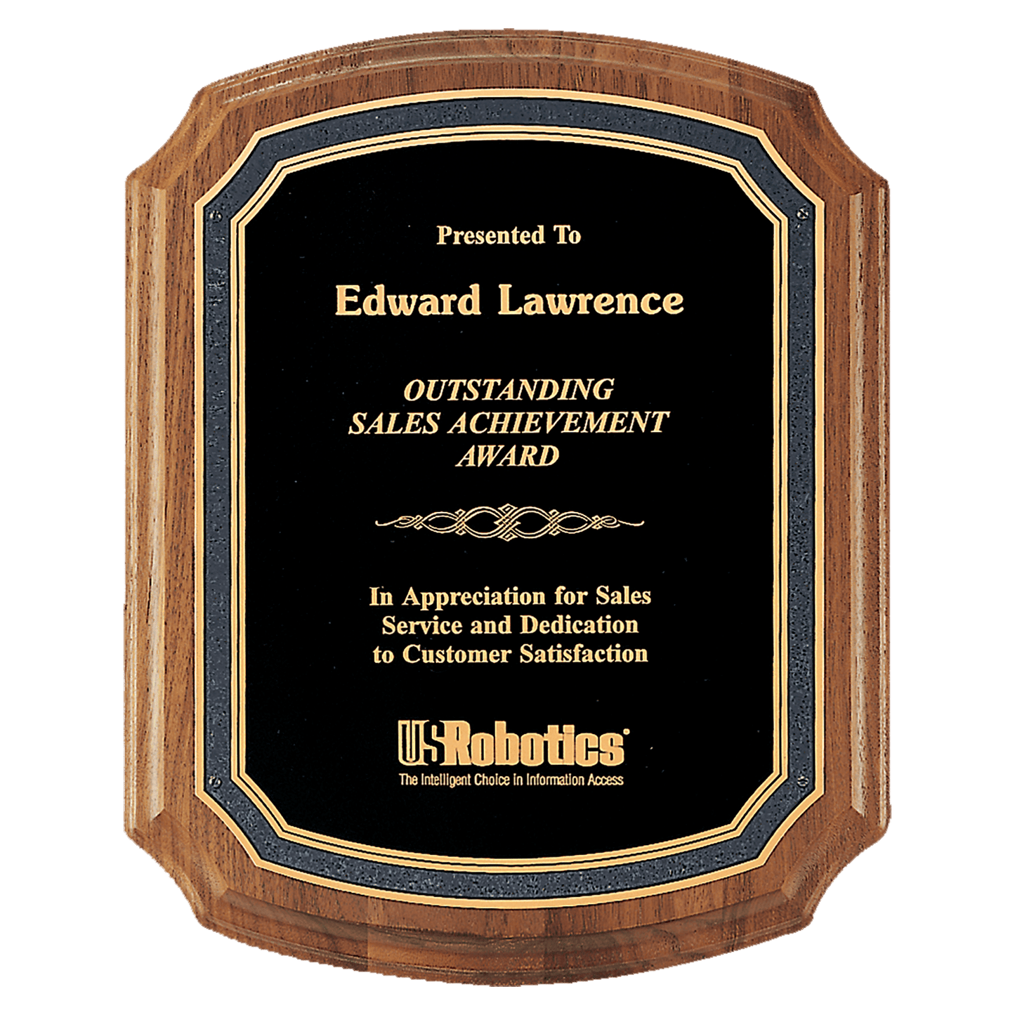 10 1/2" x 13" American Walnut Plaque with Black/Gold Florentine Border Textured Black Plate