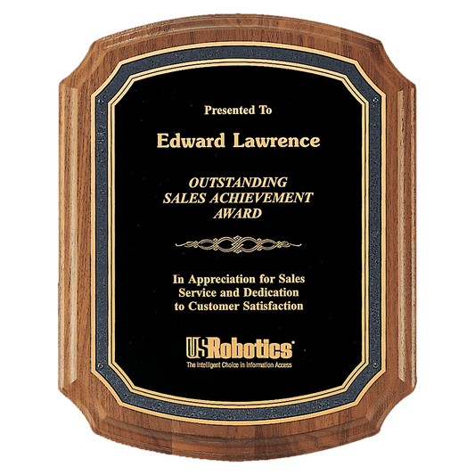10 1/2" x 13" American Walnut Plaque with Black/Gold Florentine Border Textured Black Plate