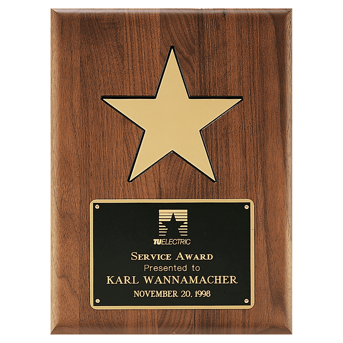 9" X 12" Gold Aluminum Star on a Solid Walnut Plaque with Black Recessed Area and Black LaserFX Plate