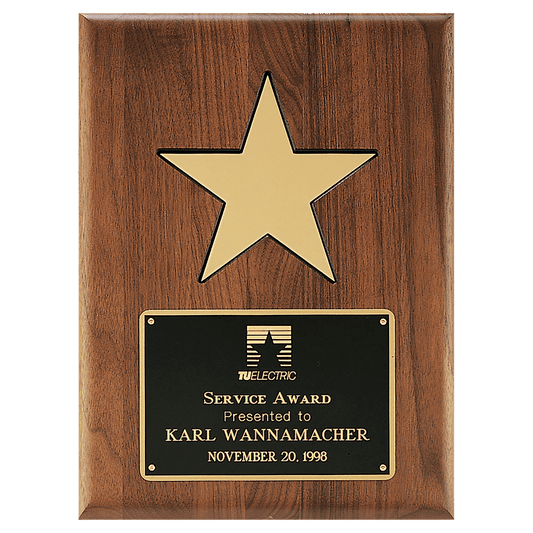 9" X 12" Gold Aluminum Star on a Solid Walnut Plaque with Black Recessed Area and Black LaserFX Plate