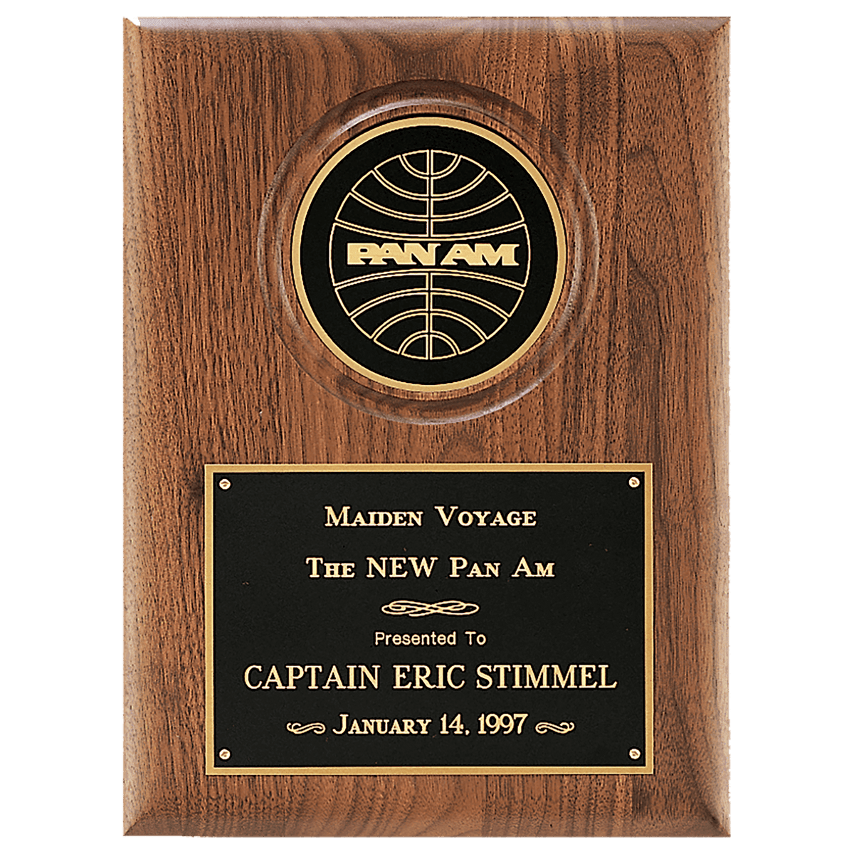 9" x 12" American Walnut Plaque with 4" Diameter Black Disc and Black Brass Plate
