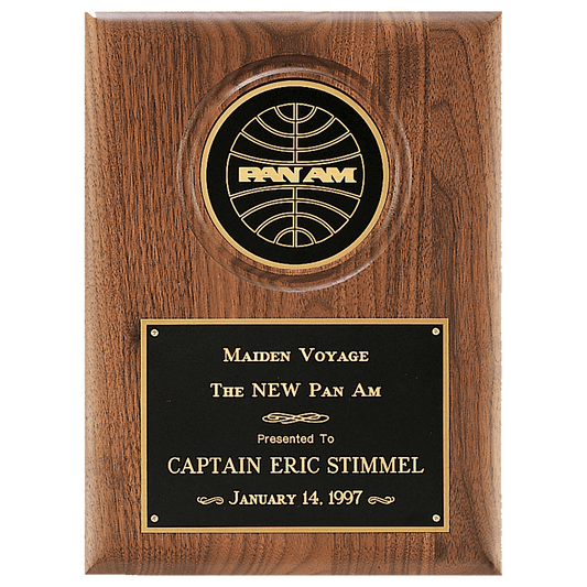 9" x 12" American Walnut Plaque with 4" Diameter Black Disc and Black Brass Plate