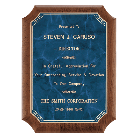 8" x 10 1/2" American Walnut Plaque with Gold Border Sapphire Marble LaserFX Plate