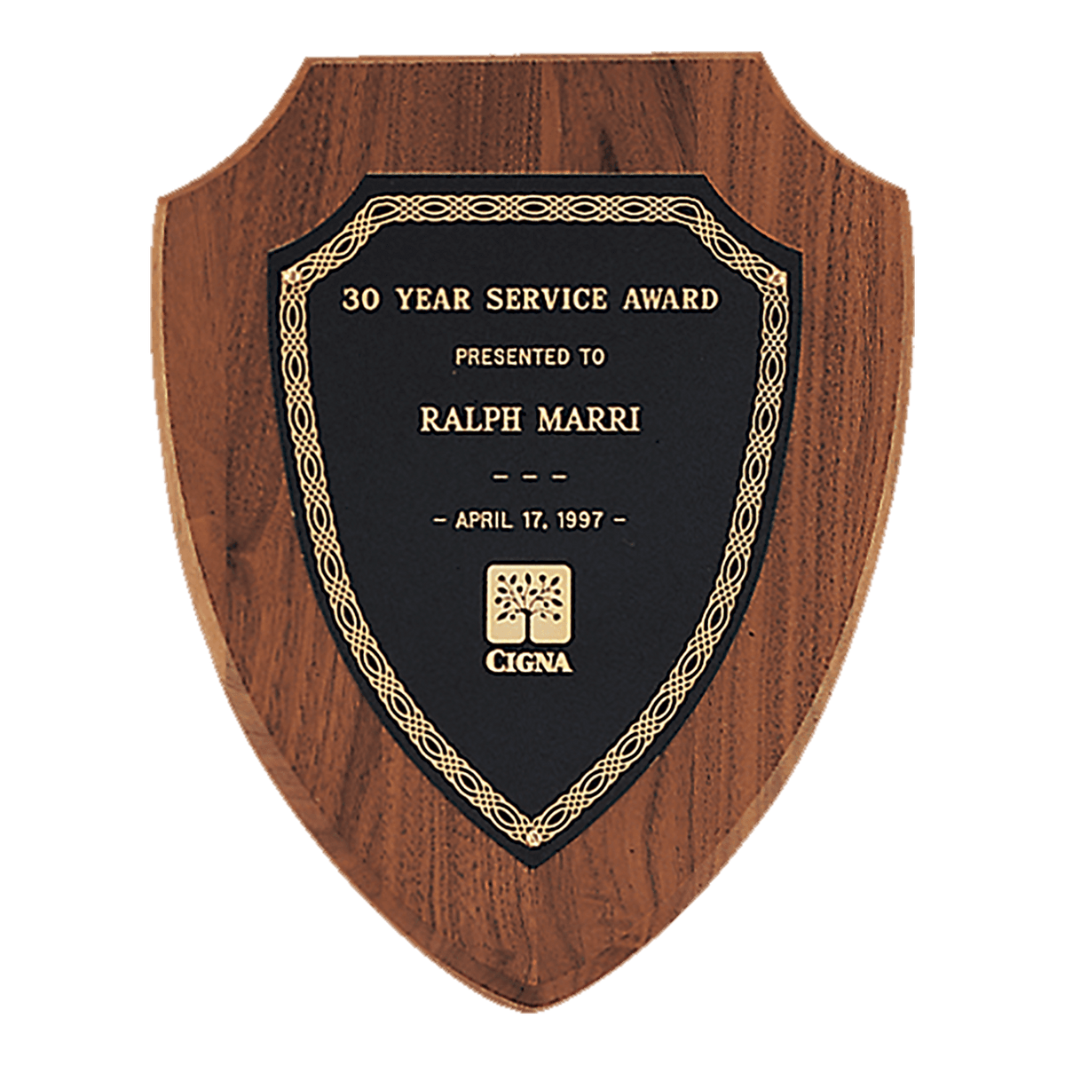 8 1/2" x 10 1/2" Jewelers Black Laserable Gold Border Shield Plate on an American Walnut Shield Plaque- Sheffield Series