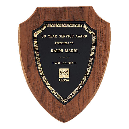 8 1/2" x 10 1/2" Jewelers Black Laserable Gold Border Shield Plate on an American Walnut Shield Plaque- Sheffield Series