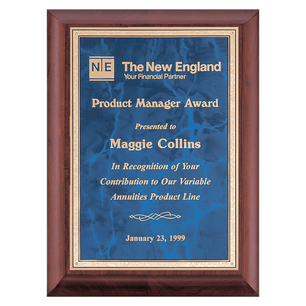 8" x 10" Hand Rubbed Cherry Finish Plaque with Sapphire Marble Gold Border LaserFX Plate