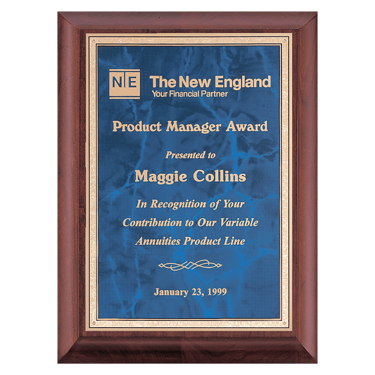 9" x 12" Hand Rubbed Cherry Finish Plaque with Sapphire Marble Gold Border LaserFX Plate