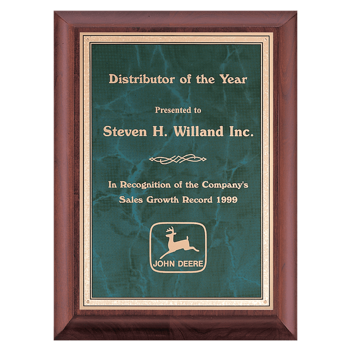 7" x 9" Hand Rubbed Cherry Finish Plaque with Emerald Marble Gold Border LaserFX Plate