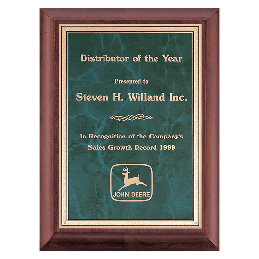 9" x 12" Hand Rubbed Cherry Finish Plaque with Emerald Marble Gold Border LaserFX Plate
