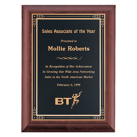 9" x 12" Hand Rubbed Cherry Finish Plaque with Black Gold Florentine Border LaserFX Plate