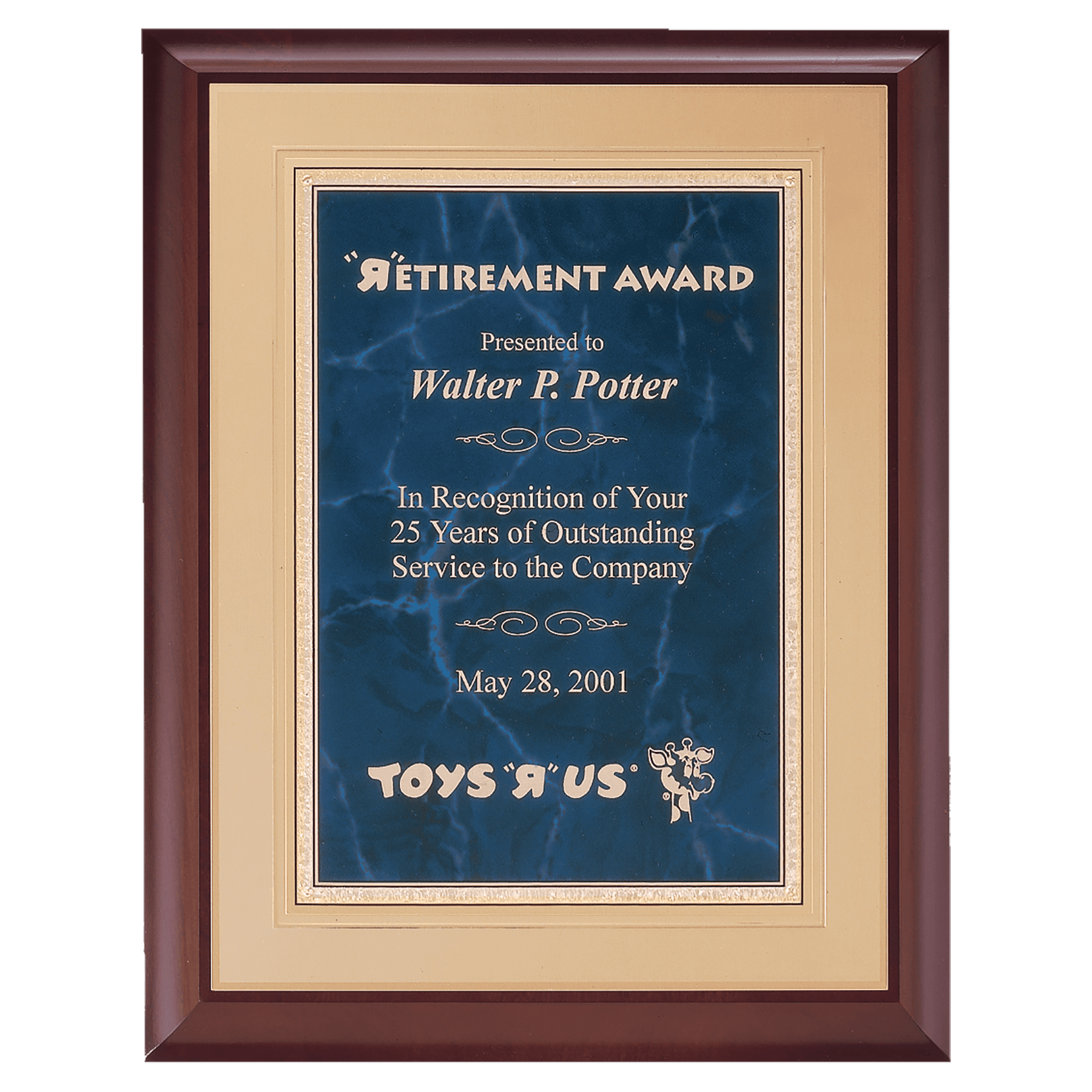 11" x 14" Hand Rubbed Cherry Finish Plaque with a Sapphire Gold Border Florentine LaserFX Plate on an Gold Embossed Back P...