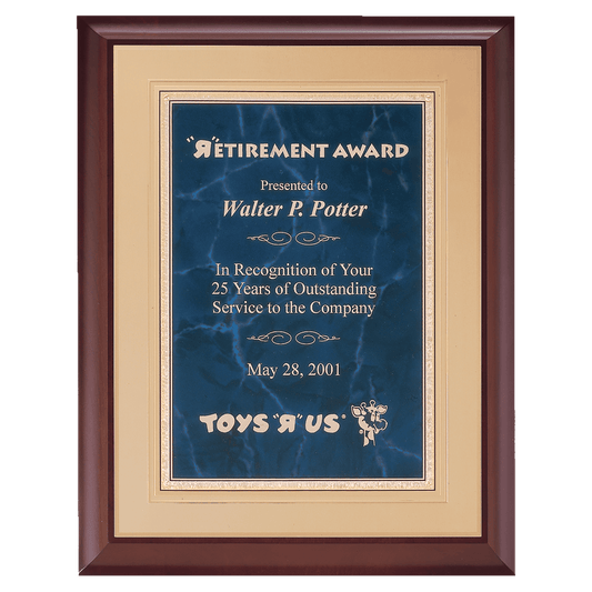 11" x 14" Hand Rubbed Cherry Finish Plaque with a Sapphire Gold Border Florentine LaserFX Plate on an Gold Embossed Back P...