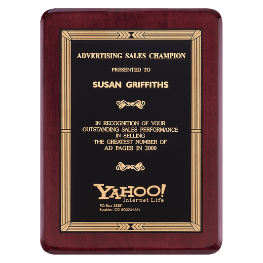 8" x 10 1/2" Airflyte Premium Rosewood Piano Finish Plaque with Gold Border Black Laserable Brass Plate
