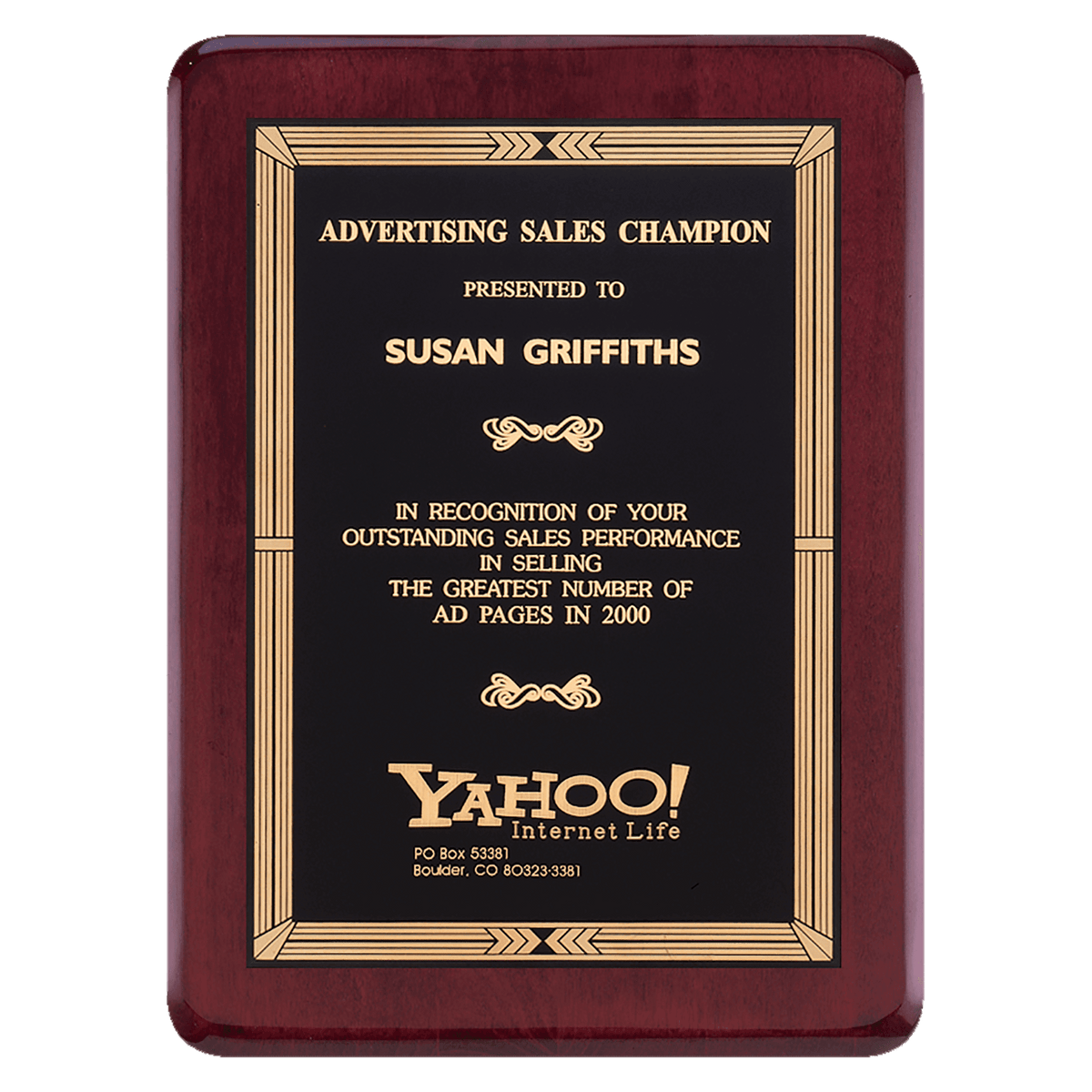 9" x 12" Airflyte Premium Rosewood Piano Finish Plaque with Gold Border Black Laserable Brass Plate
