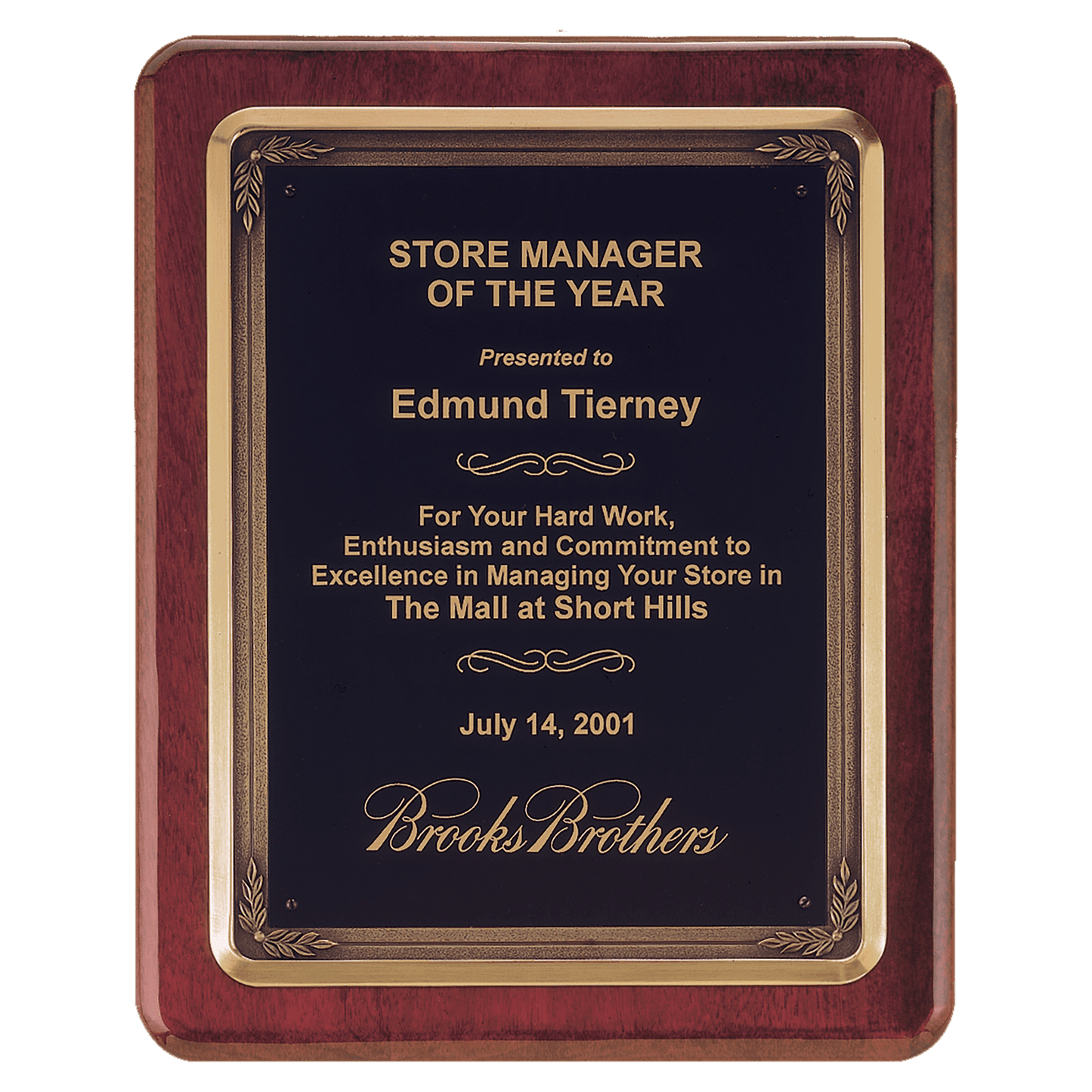 10 1/2" x 13" Rosewood Piano Finish Plaque w/Bronze Finish Cast Frame and Black Brass Plate