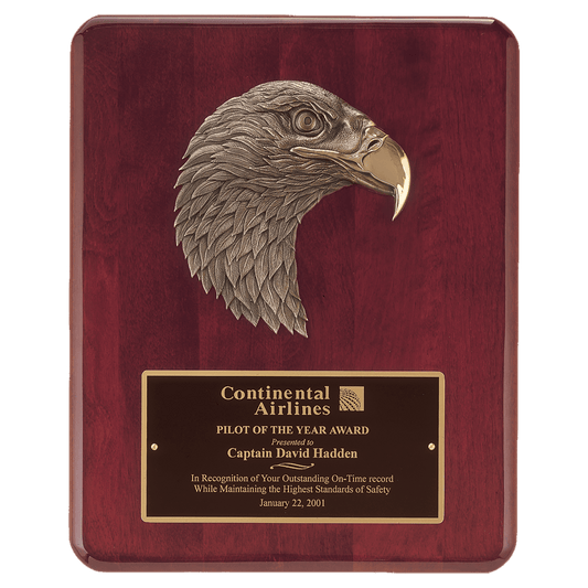 10 1/2" x 13" Rosewood Piano Finish Plaque with Finely Detailed Bronze Eagle Head Casting with Black Laserable Brass Plate