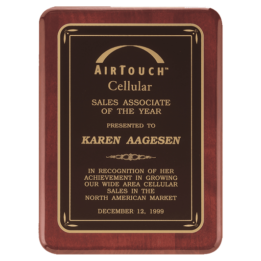 7" x 9" Rosewood Piano Finish Plaque with Black/Gold Florentine Design LaserFX Plate