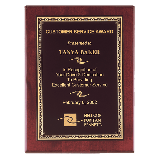 11" x 14" Airflyte Premium Rosewood Piano Finish Plaque with Gold Florentine Laserable Black Brass Plate