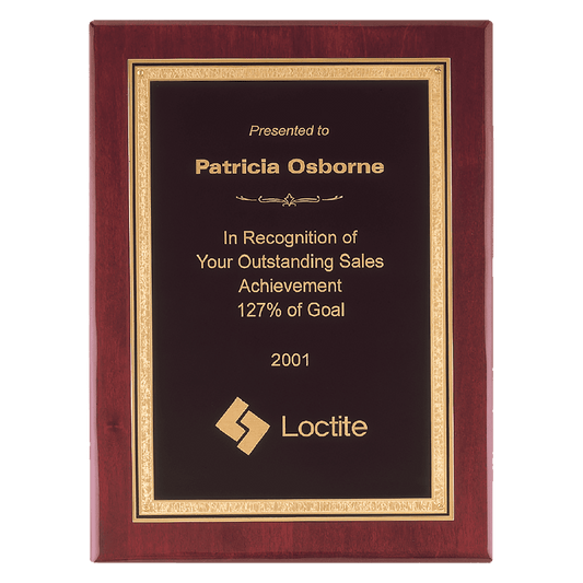 7" x 9" Airflyte Premium Rosewood Piano Finish Plaque with Gold Border FLorentine Border Black LaserFX Plate