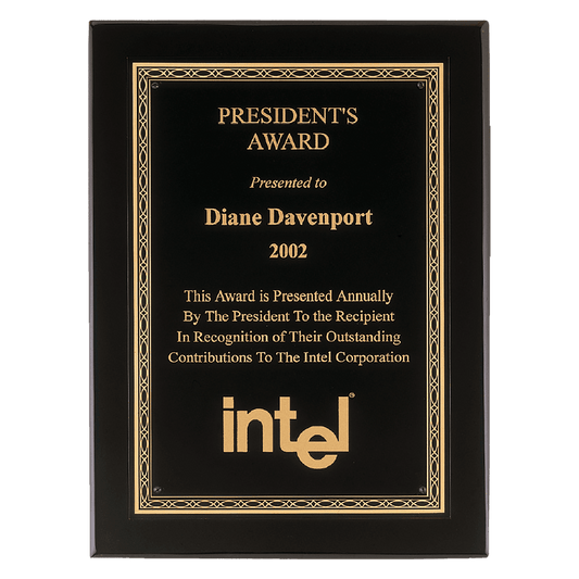 11" x 14" Airflyte Premium Black Piano Finish Plaque with Gold Florentine Border Laserable Black Brass Plate