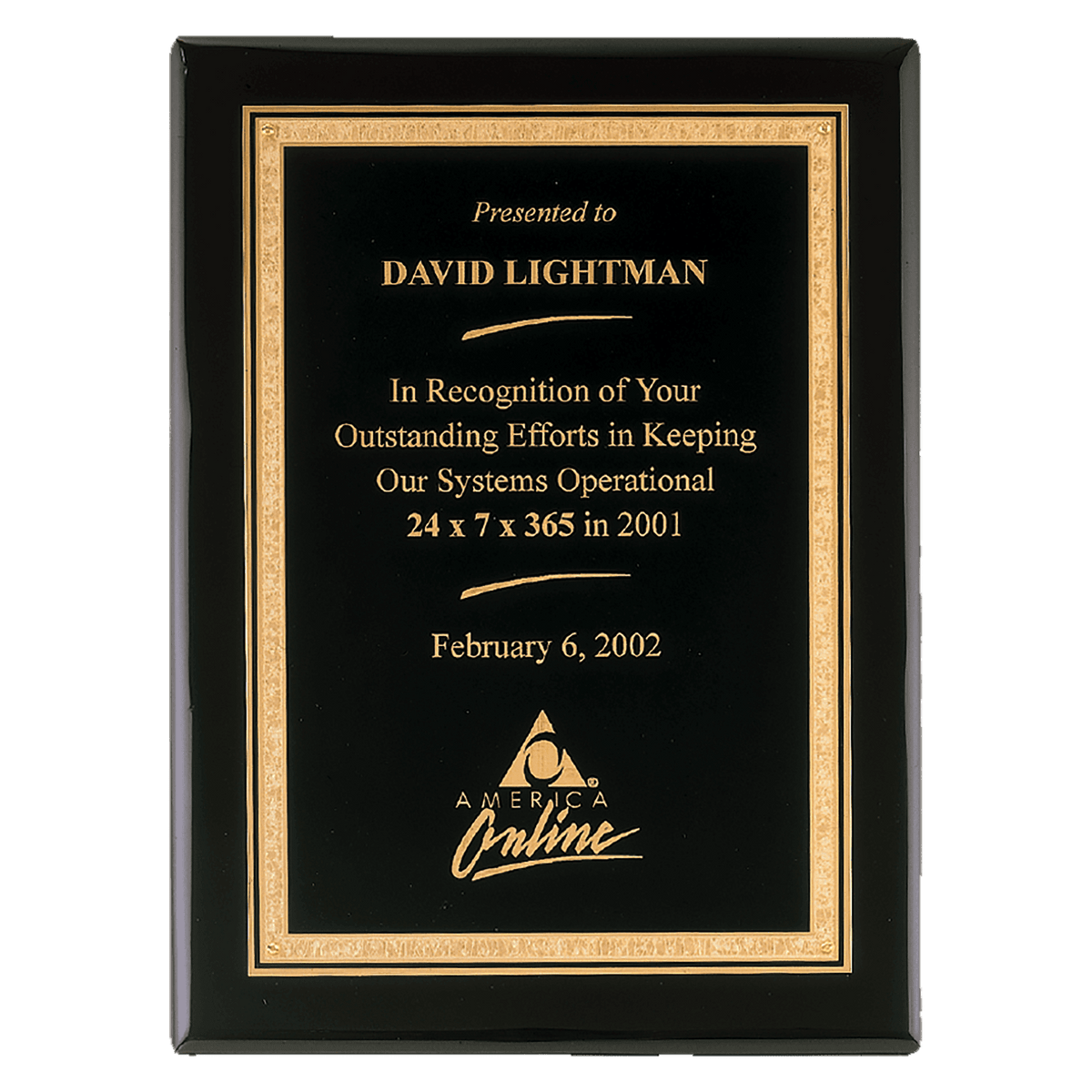7" x 9" Airflyte Premium Black Piano Finish Plaque with Gold Florentine Border LaserFX Plate