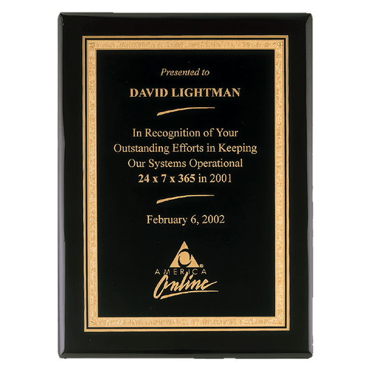 9" x 12" Airflyte Premium Black Piano Finish Plaque with Gold Florentine Border LaserFX Plate