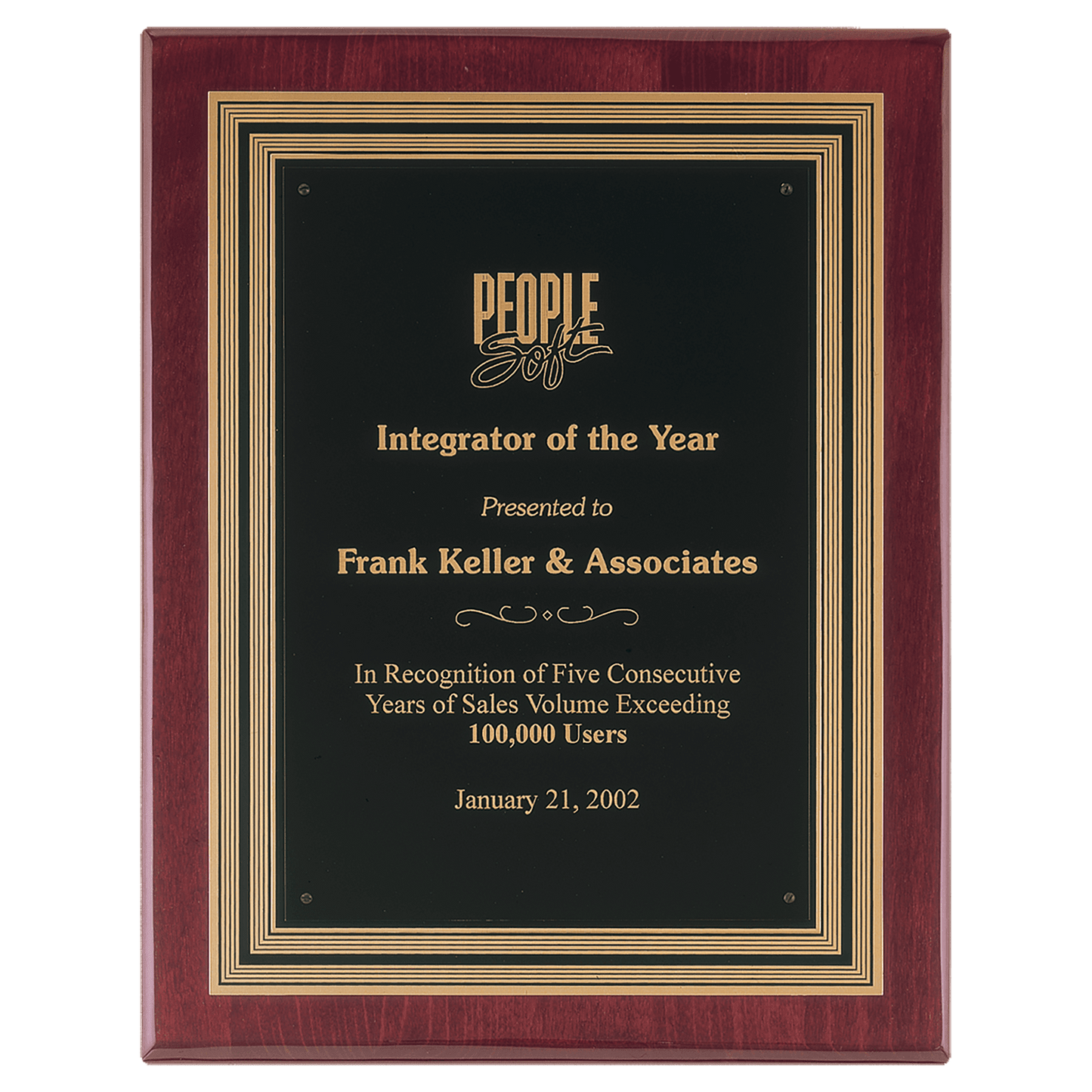 11" x 14" Rosewood Piano Finish Plaque, Black/Gold Embossed Back Plate & Black Brass Plate