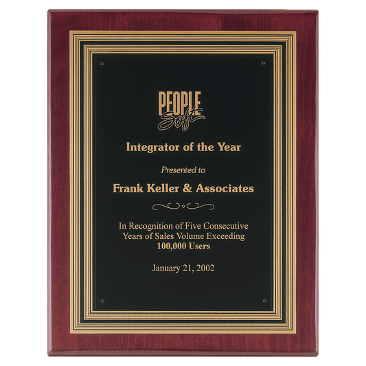 11" x 14" Rosewood Piano Finish Plaque, Black/Gold Embossed Back Plate & Black Brass Plate
