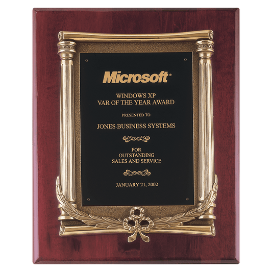 10 1/2" x 13" Rosewood Piano Finish Plaque, Antique Bronze Frame Casting, Black Brass Plate