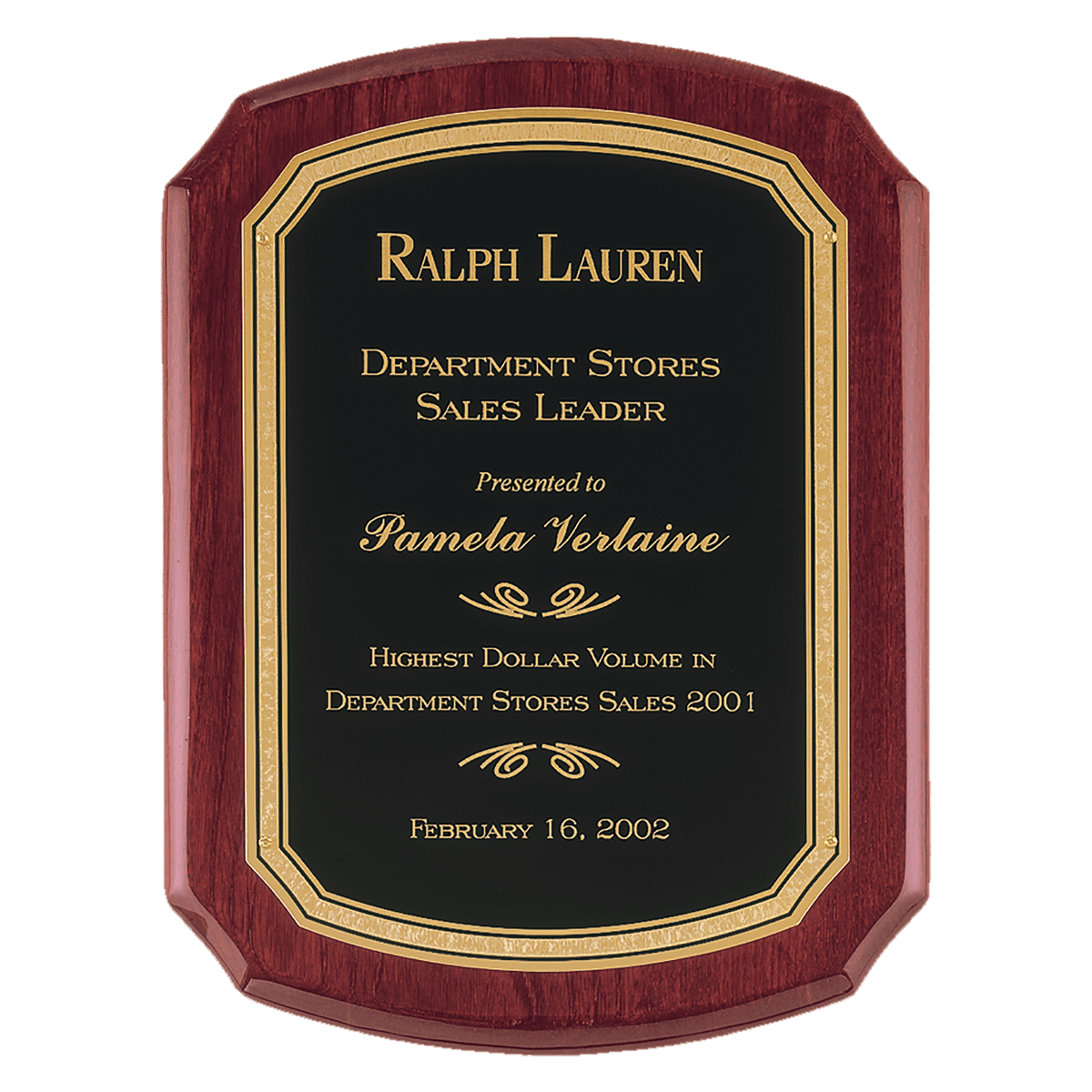 8" x 10 1/2" Airflyte Rosewood Piano Finish Plaque with Black/Gold Florentine Border LaserFX Plate
