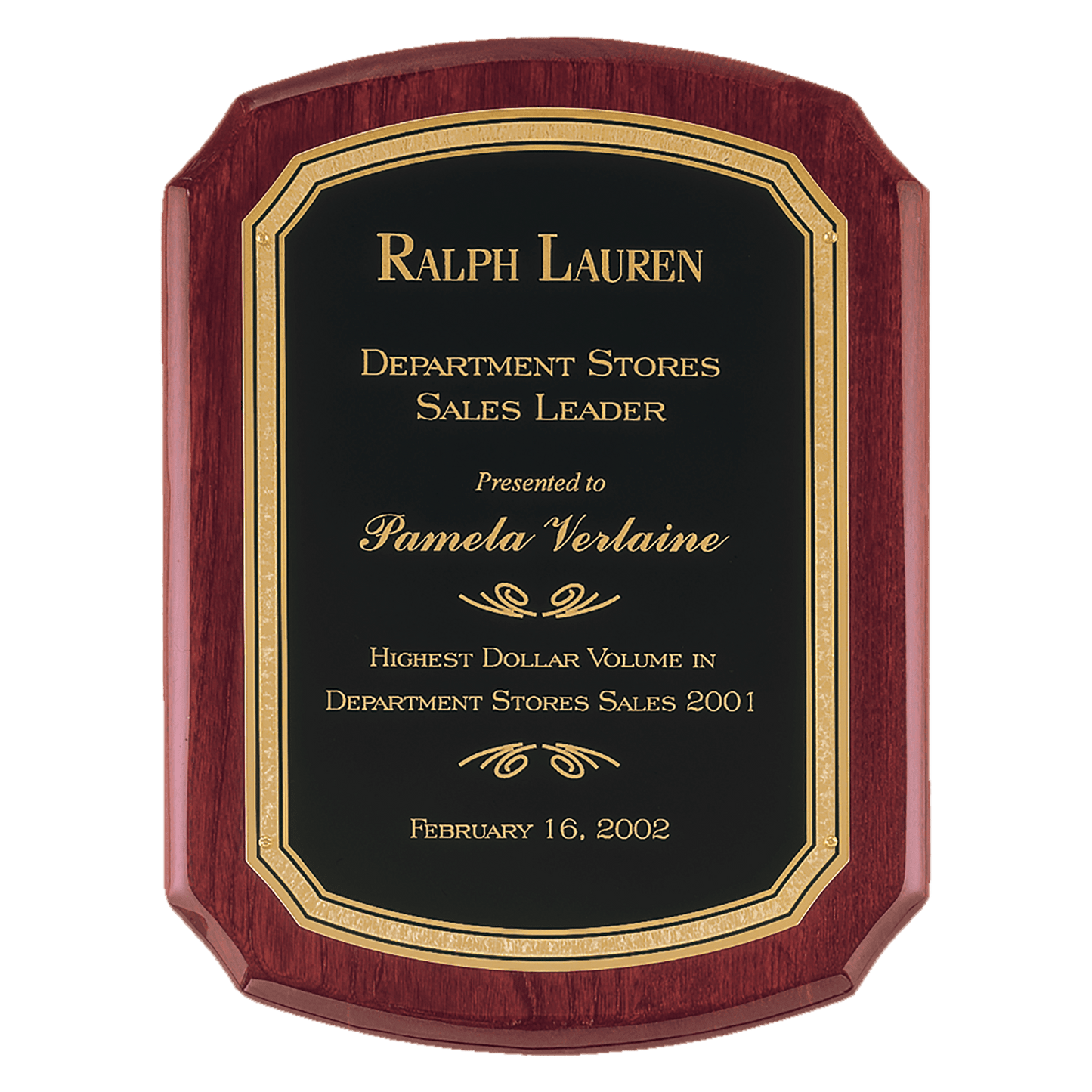 101/2" x 13" Airflyte Rosewood Piano Finish Plaque with Black/Gold Florentine Border LaserFX Plate