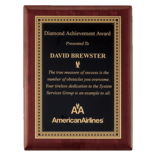 7" x 9" Airflyte Premium Rosewood Piano Finish Plaque with Gold Border Black LaserFX Plate