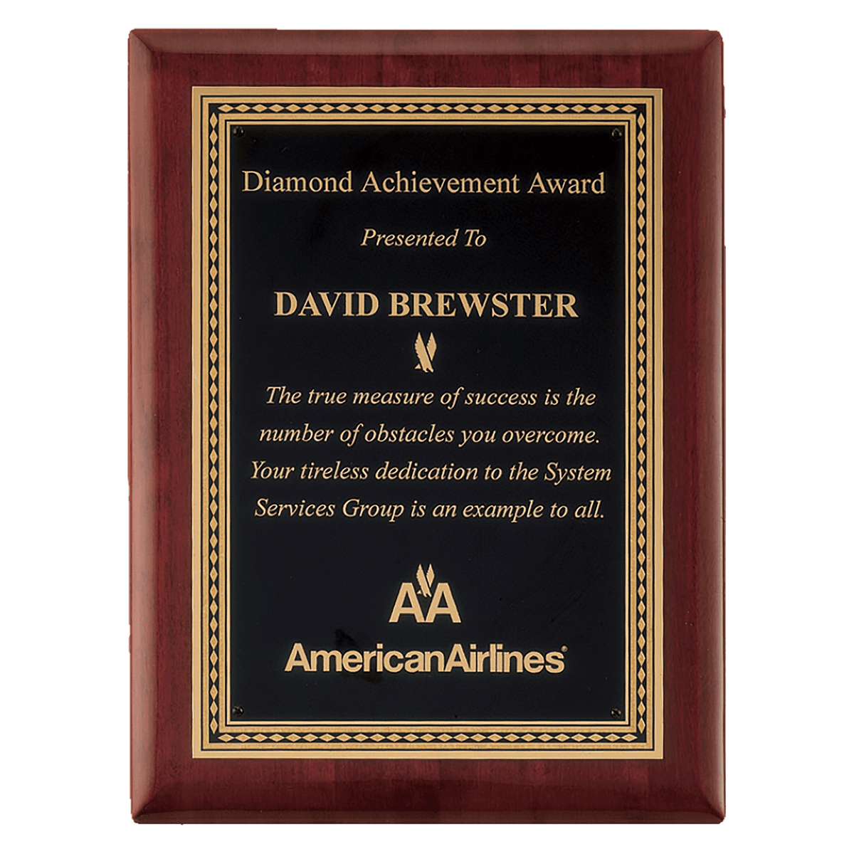 8" x 10 1/2" Airflyte Premium Rosewood Piano Finish Plaque with Gold Border Black LaserFX Plate