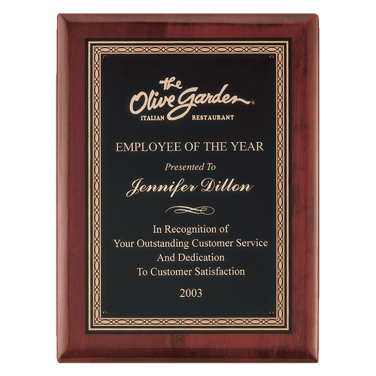 8" x 10 1/2" Airflyte Premium Rosewood Piano Finish Plaque wtih Gold Border Black Laserable Brass Plate