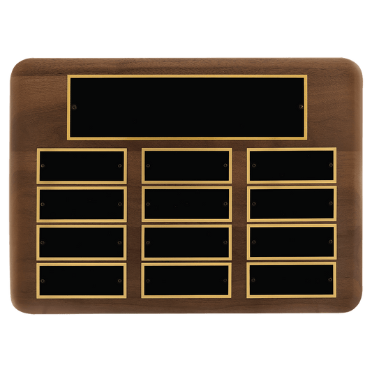 11" x 15"/Plates 1 1/2" x 3 3/4" American Walnut 12 Plate Perpetual Plaque with Black Brass Plates