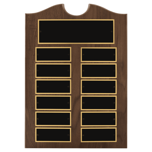 11" x 15"/Plates 1 1/2" x 3 3/4" American Walnut 12 Plate Perpetual Plaque with Black Brass Plates