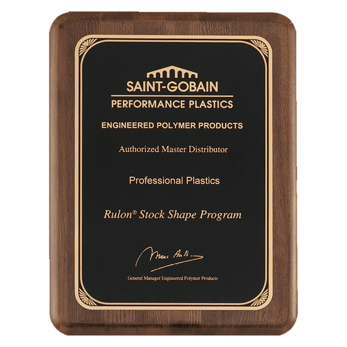 9" x 12" Airflyte Premium Walnut Piano Finish Plaque with Gold Florentine Border LaserFX Plate