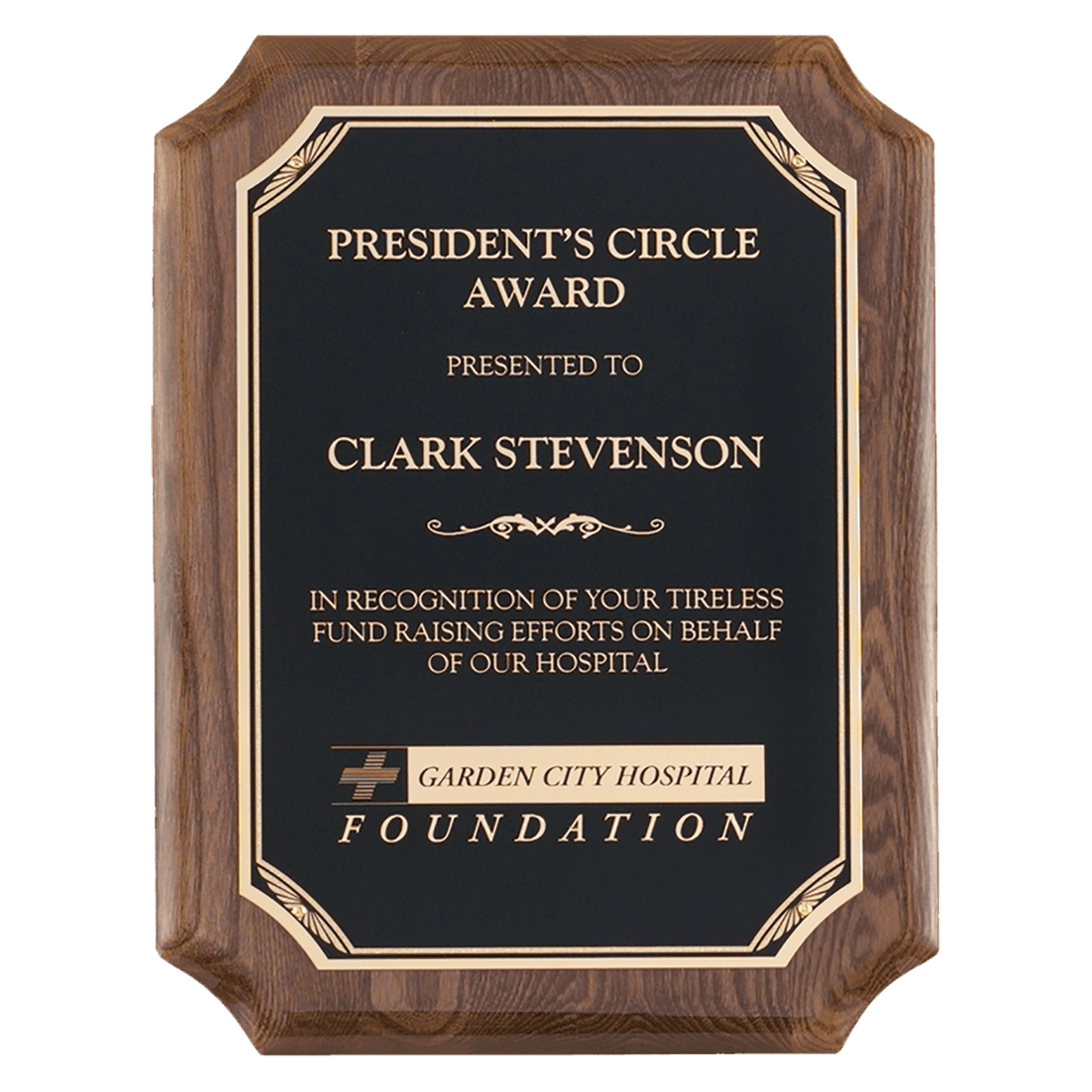 9" x 12" Airflyte Walnut Piano Finish Plaque with Gold Florentine Border Black LaserFX Plate